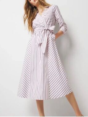 White House Black Market Pink and Black Striped Tie-Waist Midi Dress